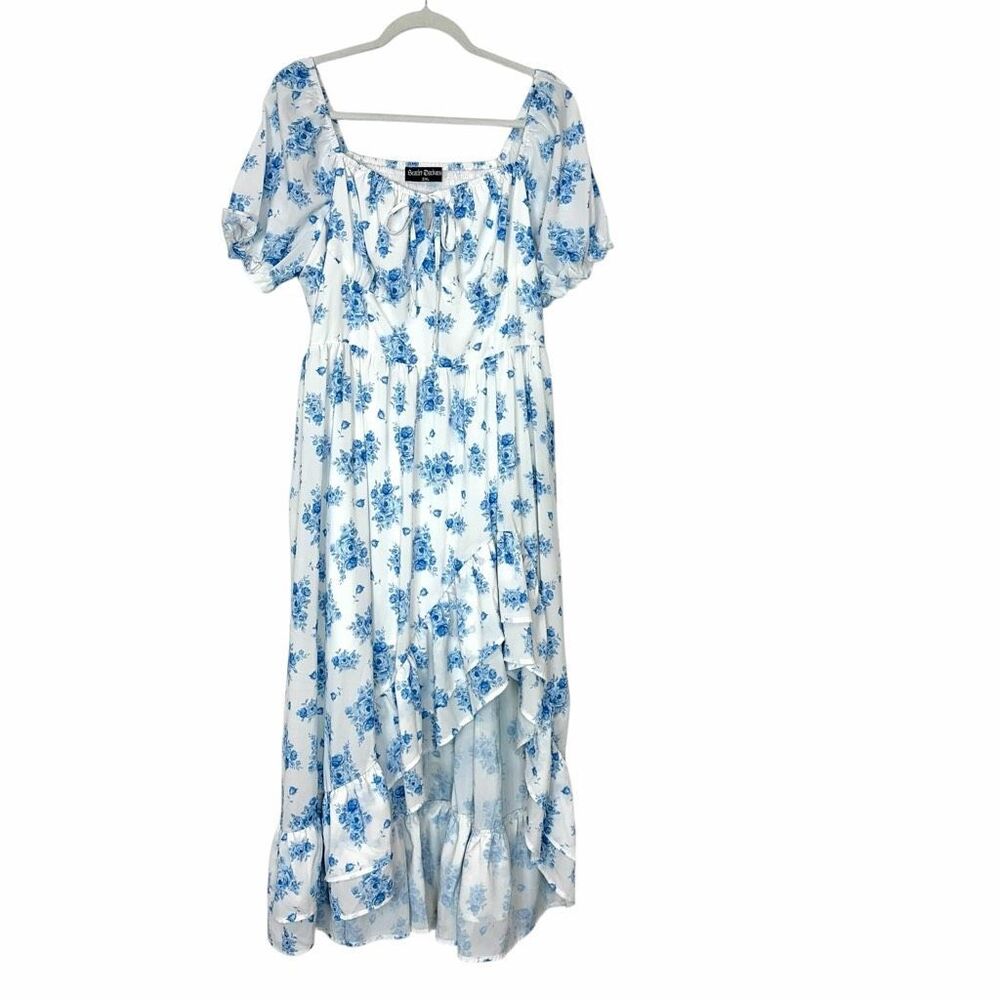 Scarlet Darkness Dress Womens 2XL Blue White Floral Ruffled Short Puff Sleeve